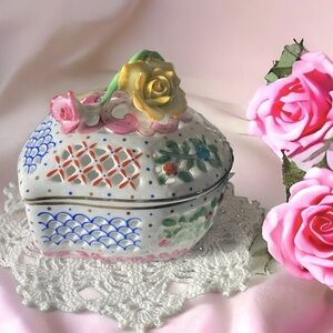 Heart Shaped Reticulated Porcelain jewelry dish with flowers